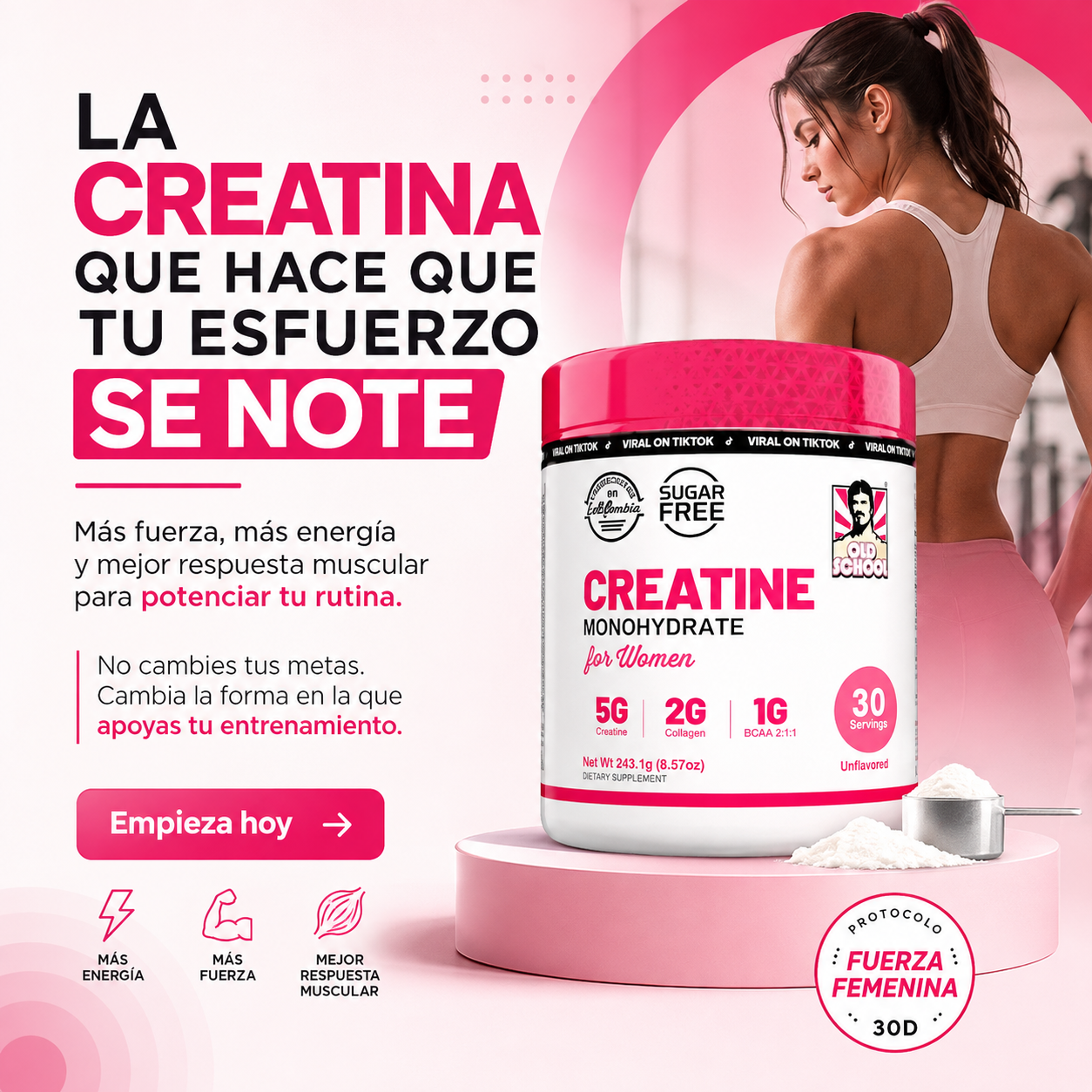 Protocolo Fuerza Femenina 30D - Creatina Monohidratada Old School para Mujeres: Fuerza, Energía, Rendimiento y en cada dosis -  Reto Curvas