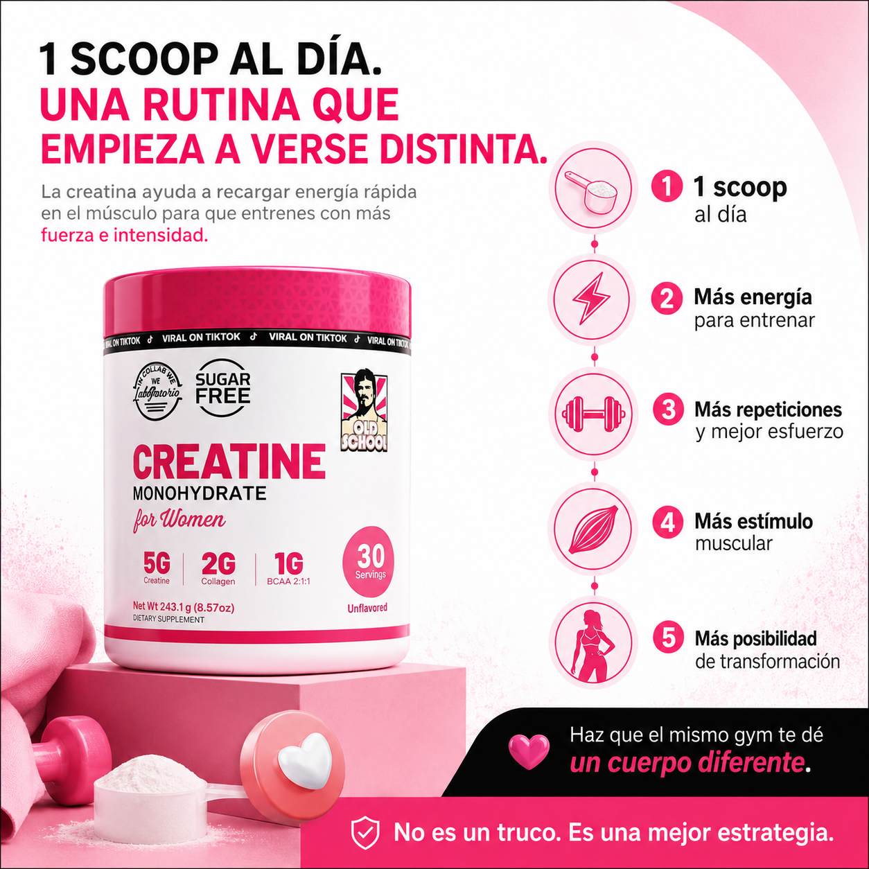 Protocolo Fuerza Femenina 30D - Creatina Monohidratada Old School para Mujeres: Fuerza, Energía, Rendimiento y en cada dosis -  Reto Curvas