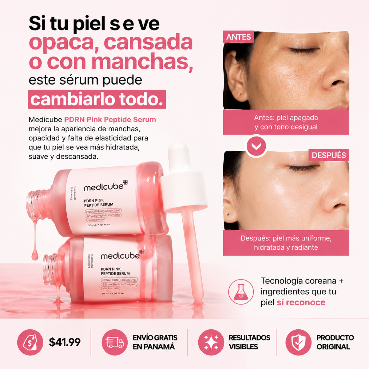 Medicube PDRN Pink Peptide Serum® Importado Original | Más Vendido en Corea para Tono Desigual, Piel Opaca y Falta de Firmeza